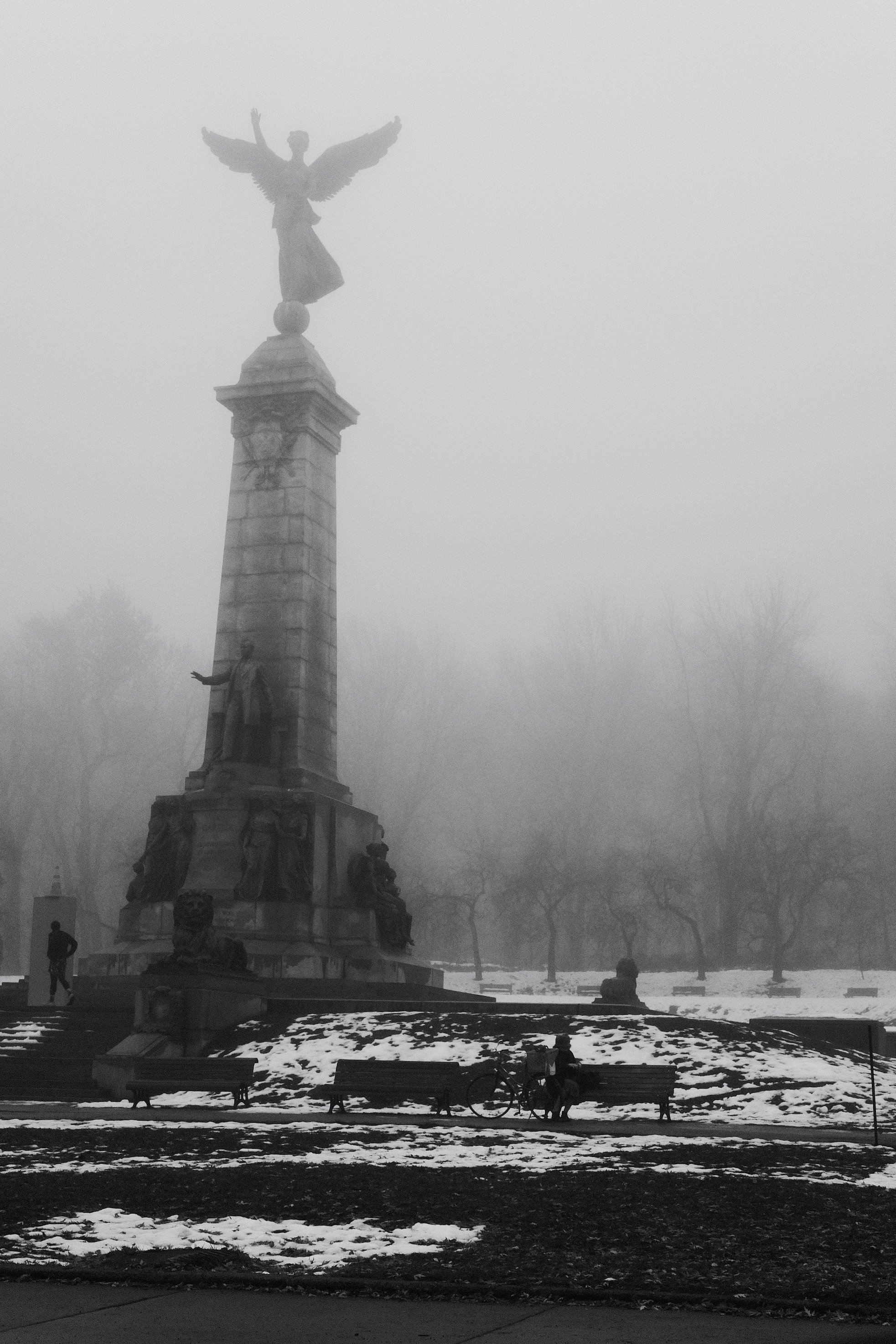 mont royal statue in the fog